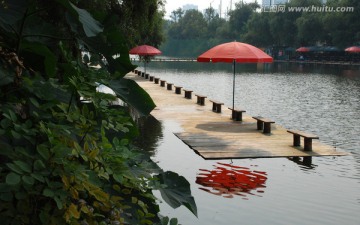 伞 红伞 水面 倒影 垂钓园
