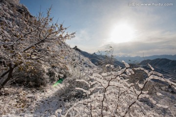 长城冬雪 树挂 烽火台 太阳