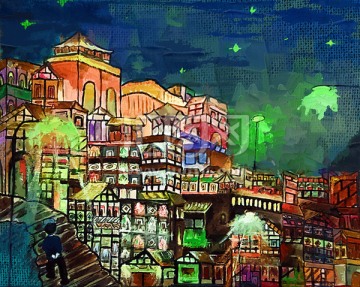 重慶夜景油畫 吊腳樓