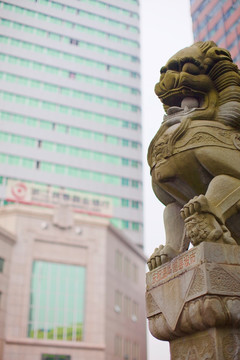 石狮子 雕塑 城市 商业银行