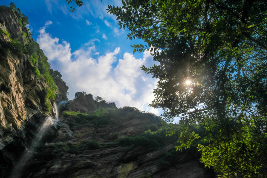 蓝天绿树瀑布高山