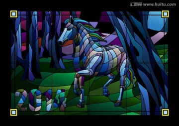 马年主题彩色玻璃窗矢量图