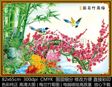 梅蘭竹菊圖 梅花 竹子 菊花