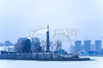 天津海河三岔河口雪景