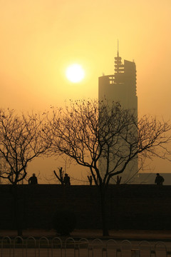 夕阳下的都市建设者