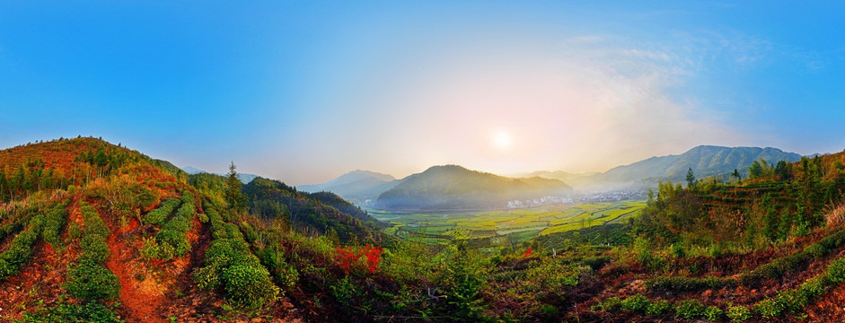 婺源槎口村山坡晨曦全景