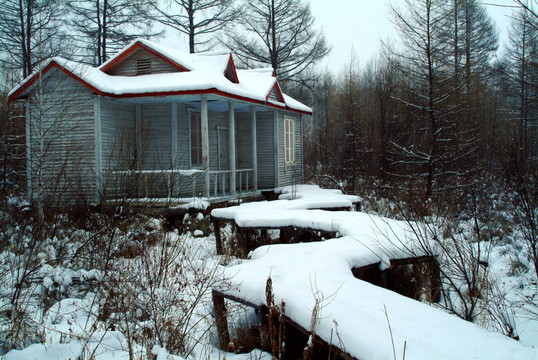 冬季森林里的木屋别墅