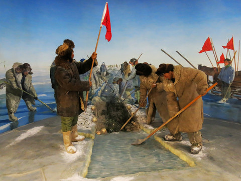 呼伦湖冬季捕捞作业 腊像