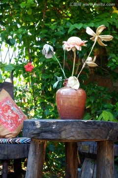 庭院 木茶几 陶瓷花瓶