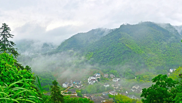 黄山区俯瞰芳村烟山雨雾全景