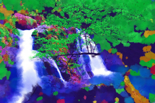 瀑布 抽象畫 油畫