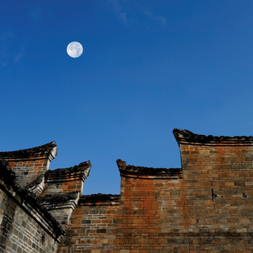 古建筑 农村 马头墙 月亮