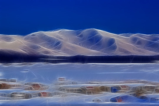 电脑画 雪山村庄