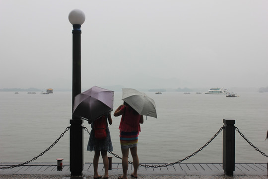 雨中西湖的岸边