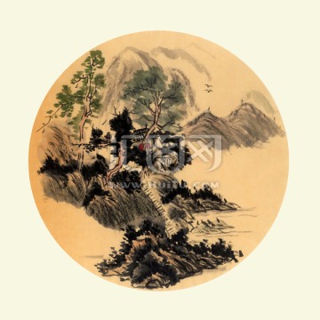 装饰画山水画 寺庙