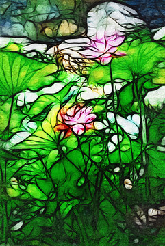 荷花 抽象油畫 