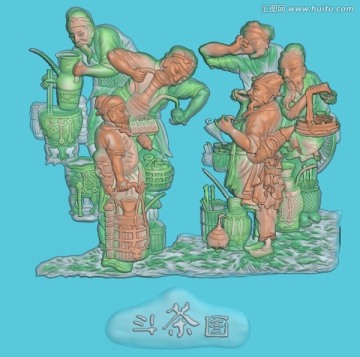 茶盤人物 茶盤精雕圖 灰度圖