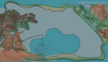 姜太公釣魚茶盤 茶盤精雕圖 灰
