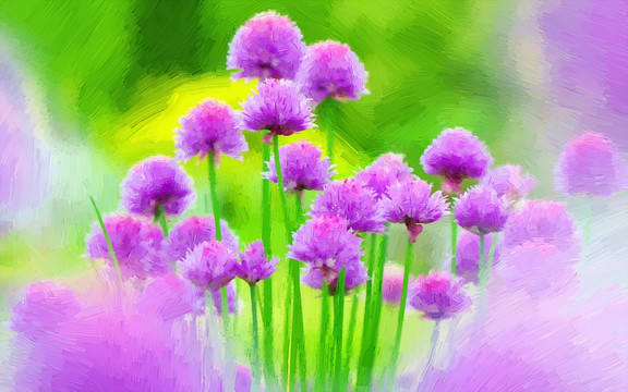 紫色花簇油畫