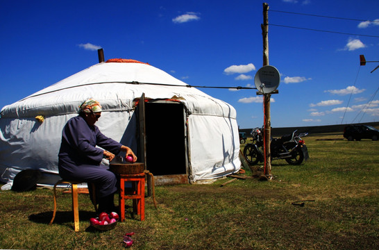 蒙古包与老人 草原