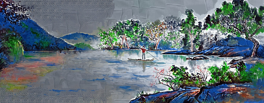 湖面泛舟油畫(huà)