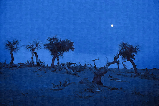油畫 荒涼月夜