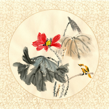 荷花小鳥 裝飾畫