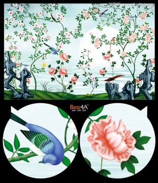 手繪真絲花鳥電視背景墻