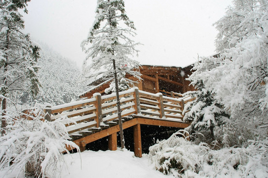 四川 九寨沟 雪景 木房