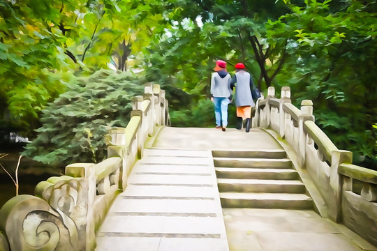 水彩 白石橋上的女人