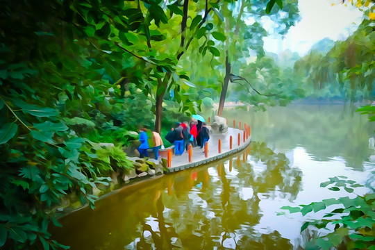 水彩畫湖邊小景