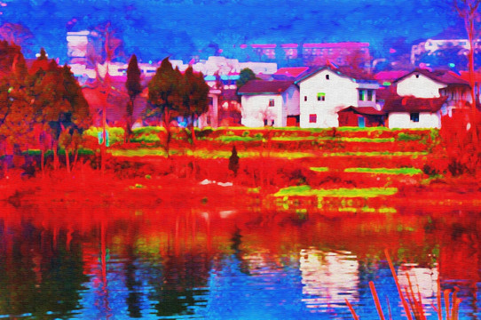 農村風光 油畫