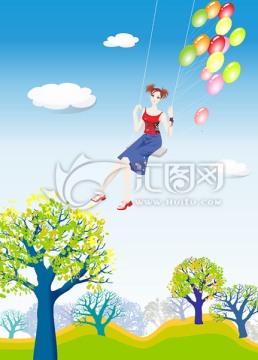 空中蕩秋千女孩插畫