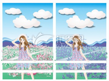 熏衣草花園女孩插畫圖片