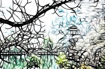 古建筑 抽象畫 裝飾畫 無(wú)框畫