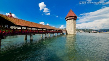 瑞士琉森湖花桥广角全景