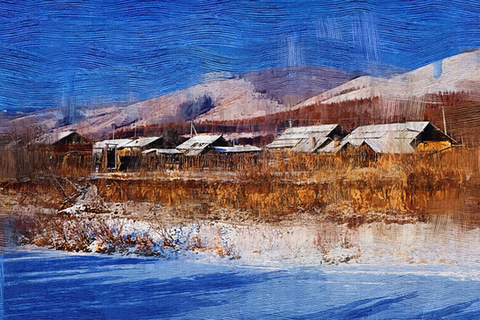 電腦畫 雪色村莊
