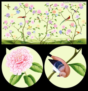 手繪真絲花鳥墻紙