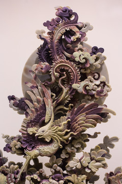 紫袍玉带石雕 凤戏牡丹 凤凰