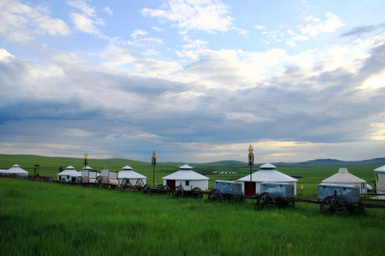 草原 蒙古包 勒勒车