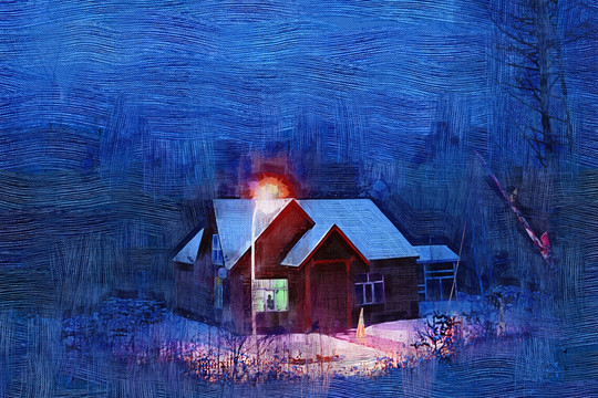 電腦畫 雪林小屋