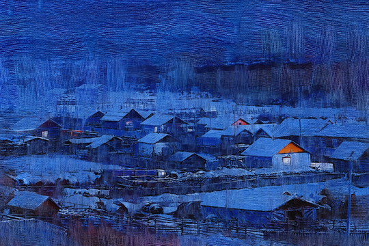 電腦畫 雪村之夜