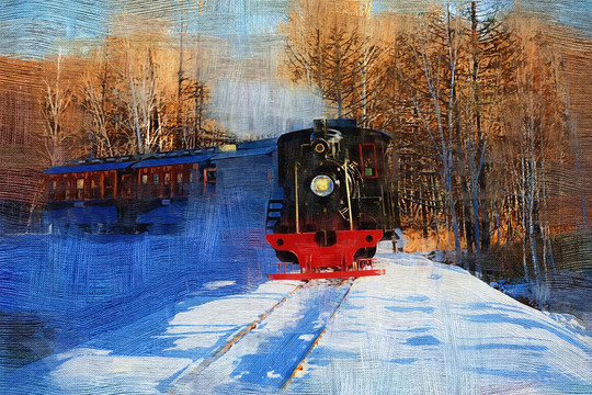 電腦油畫 林海雪原火車