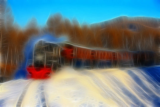 電腦畫 林海雪原小火車