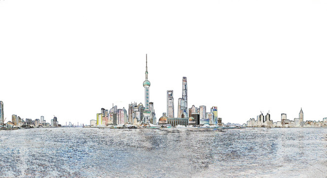上海外灘全景彩色描邊