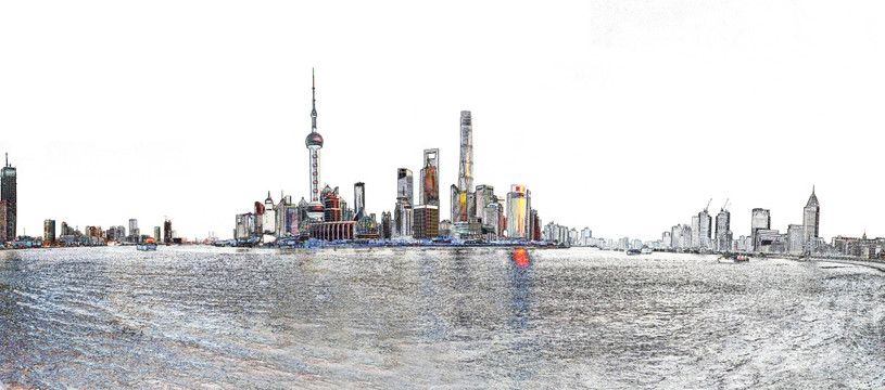 上海外滩全景彩色描边