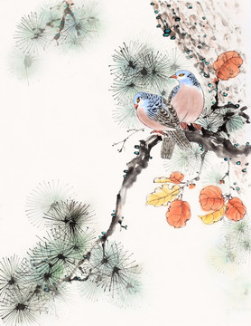 原創(chuàng) 古松雙禽 國畫