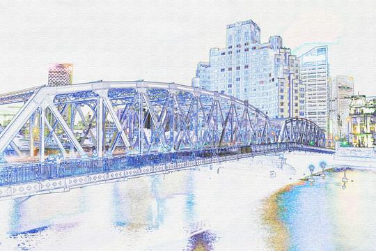 上海外白渡桥彩色线描