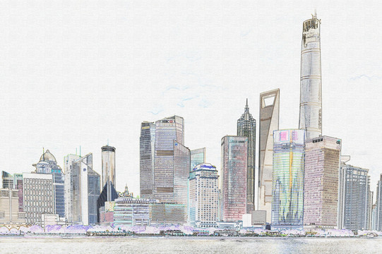 上海外灘建筑彩色線描