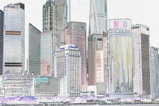 上海外灘建筑彩色線描